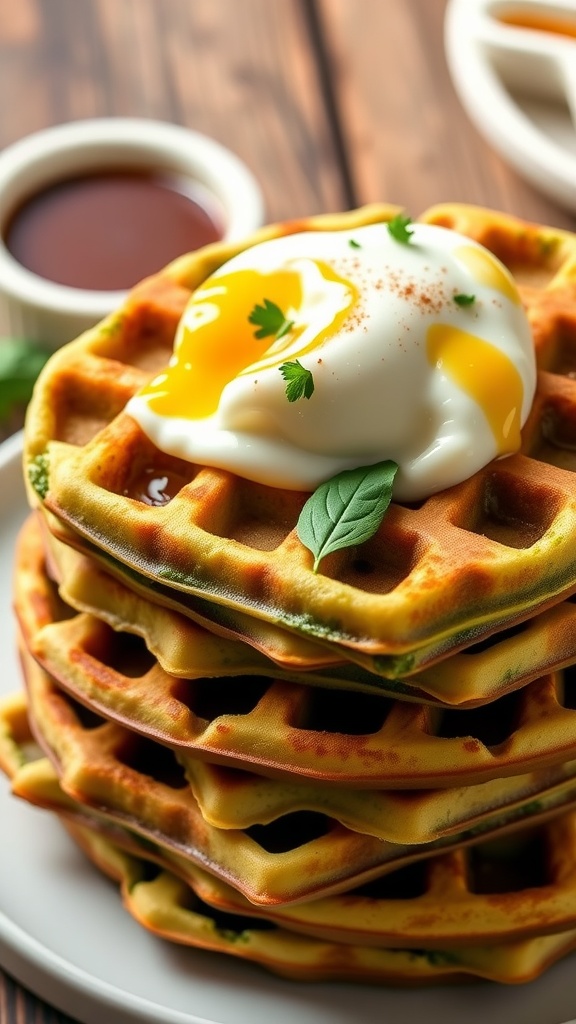 Savory spinach waffles topped with a poached egg and herbs on a rustic wooden table.
